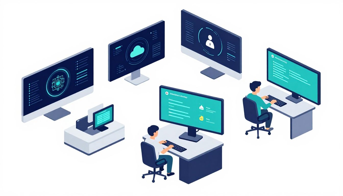 Isometric cybersecurity operations center monitoring an autonomous AI agent, with a production database, cloud APIs, service credentials, behavioral alerts, and a human approval gate visible on separate screens, clean dark blue and teal professional style