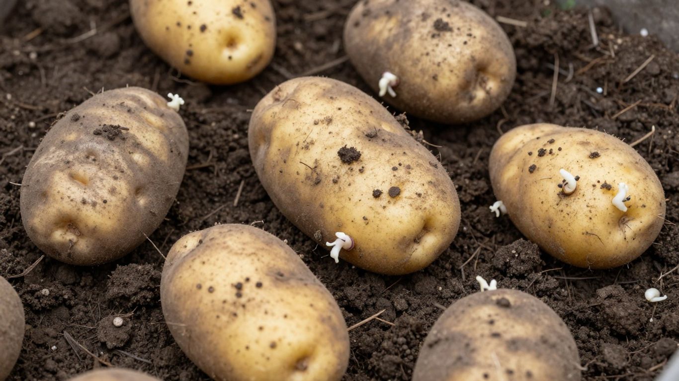 Biologische aardappelen met uitlopers op donkere aarde.