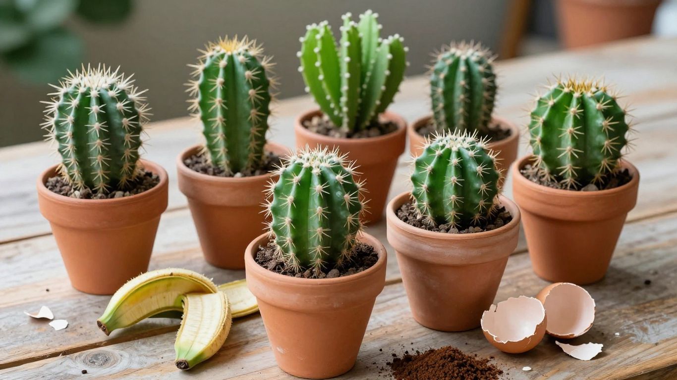 Cactus y abonos caseros sobre mesa de madera iluminada.