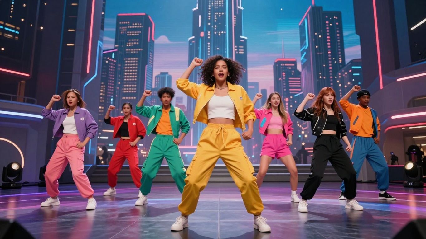 AI music video with dancers and cityscape