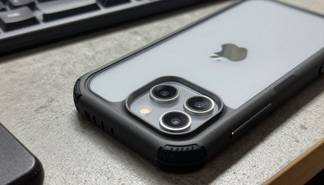 Close-up shot of an iPhone 16e / 17e in a heavy-duty case, showing the reinforced corners and textured grip, resting on a workshop bench.