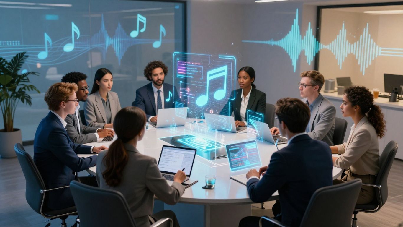 Business professionals interacting with AI jingle video visuals.