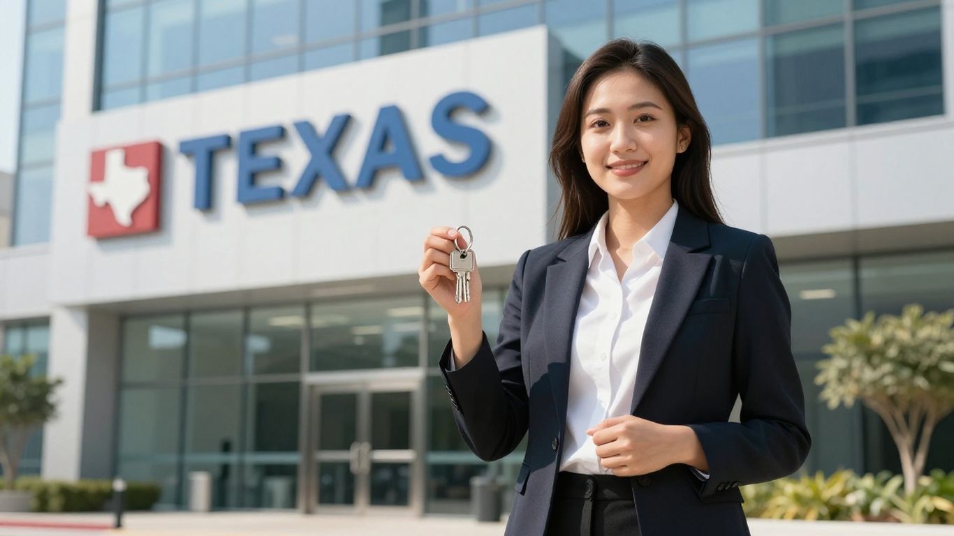 Texas real estate broker with keys outside office building.