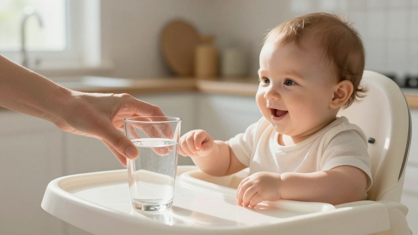 Bebé bebiendo agua de un vaso con ayuda de su madre.