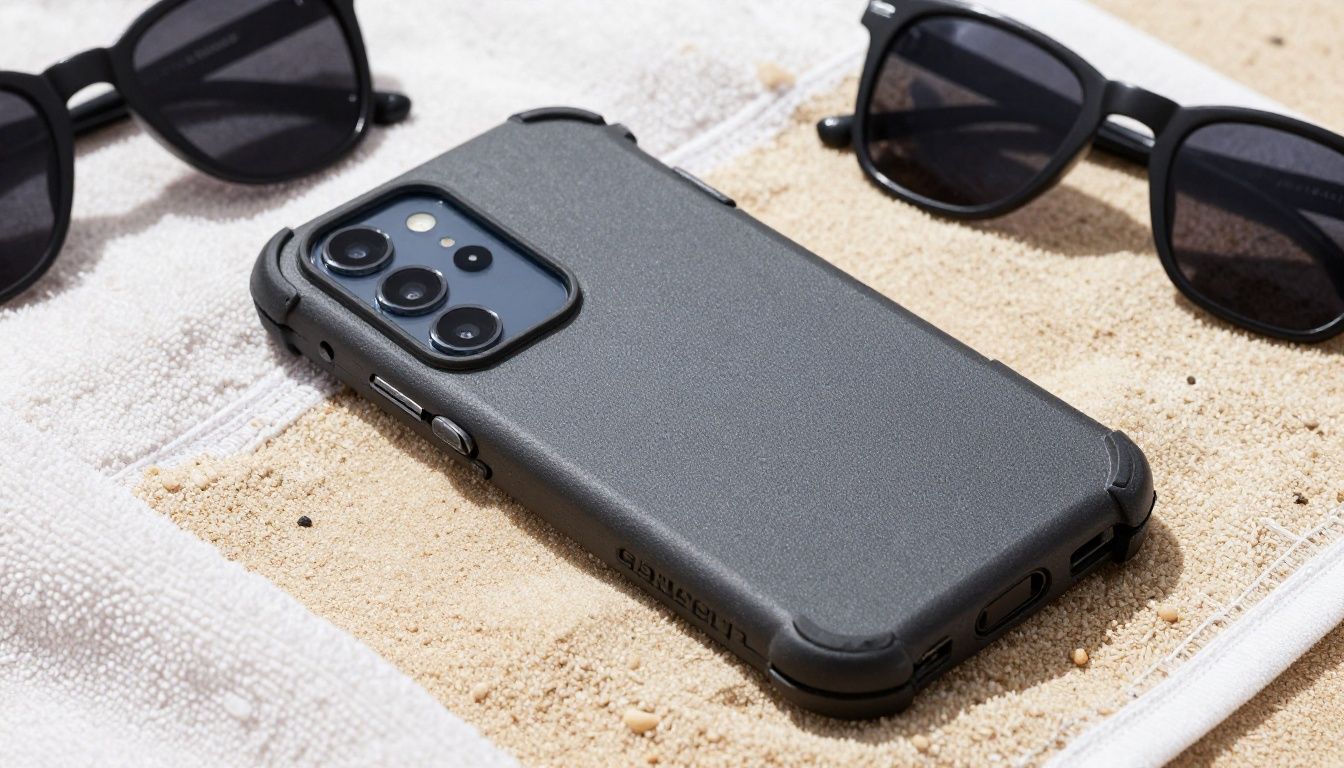 A close-up of a Galaxy S26 Ultra in a rugged waterproof case resting on a sandy beach towel next to sunglasses