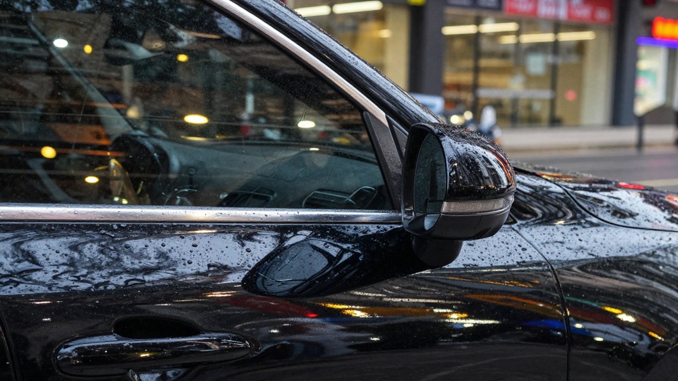 Car with ceramic coating reflecting city lights.