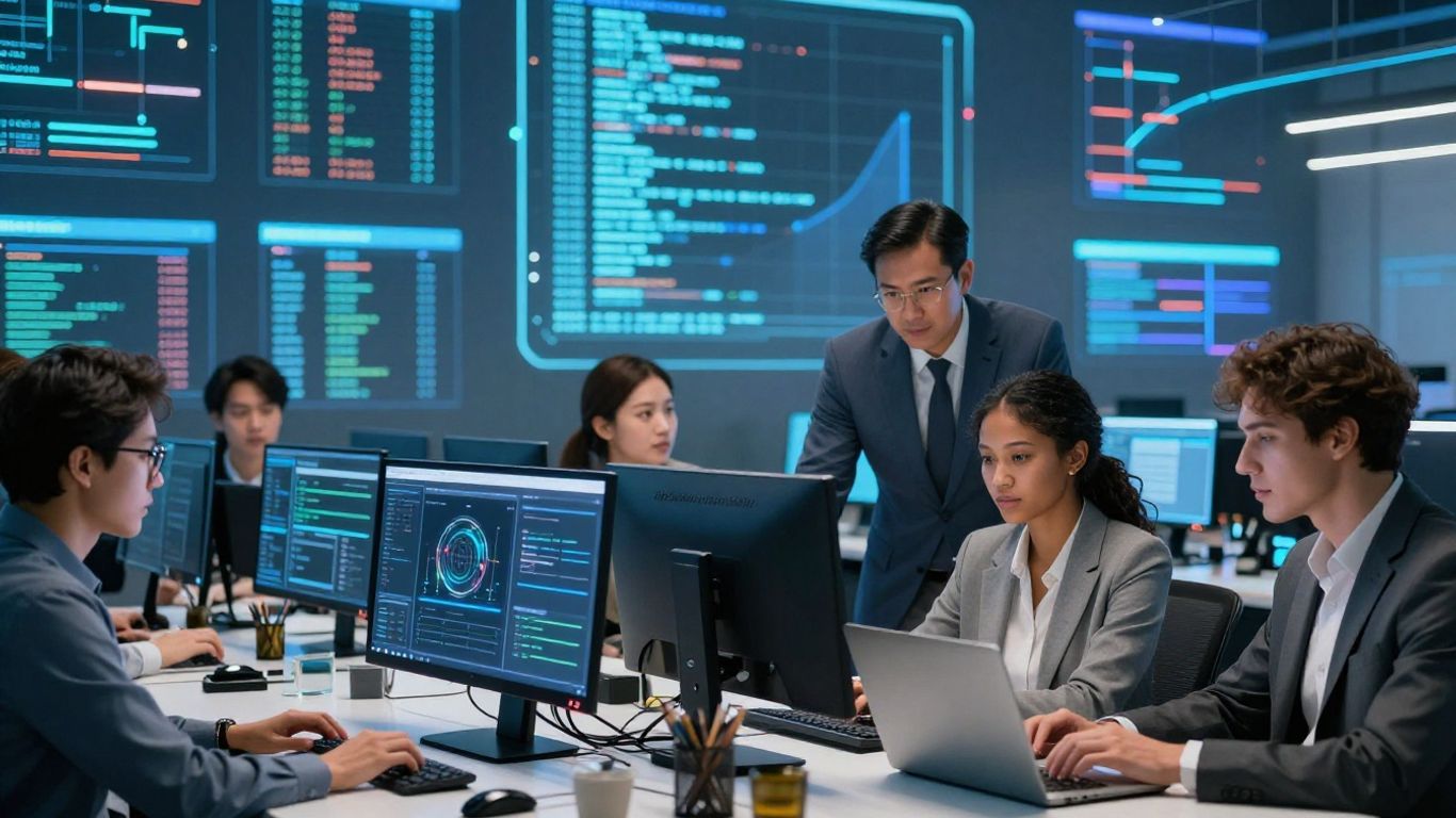 IT professionals collaborating with digital interfaces.