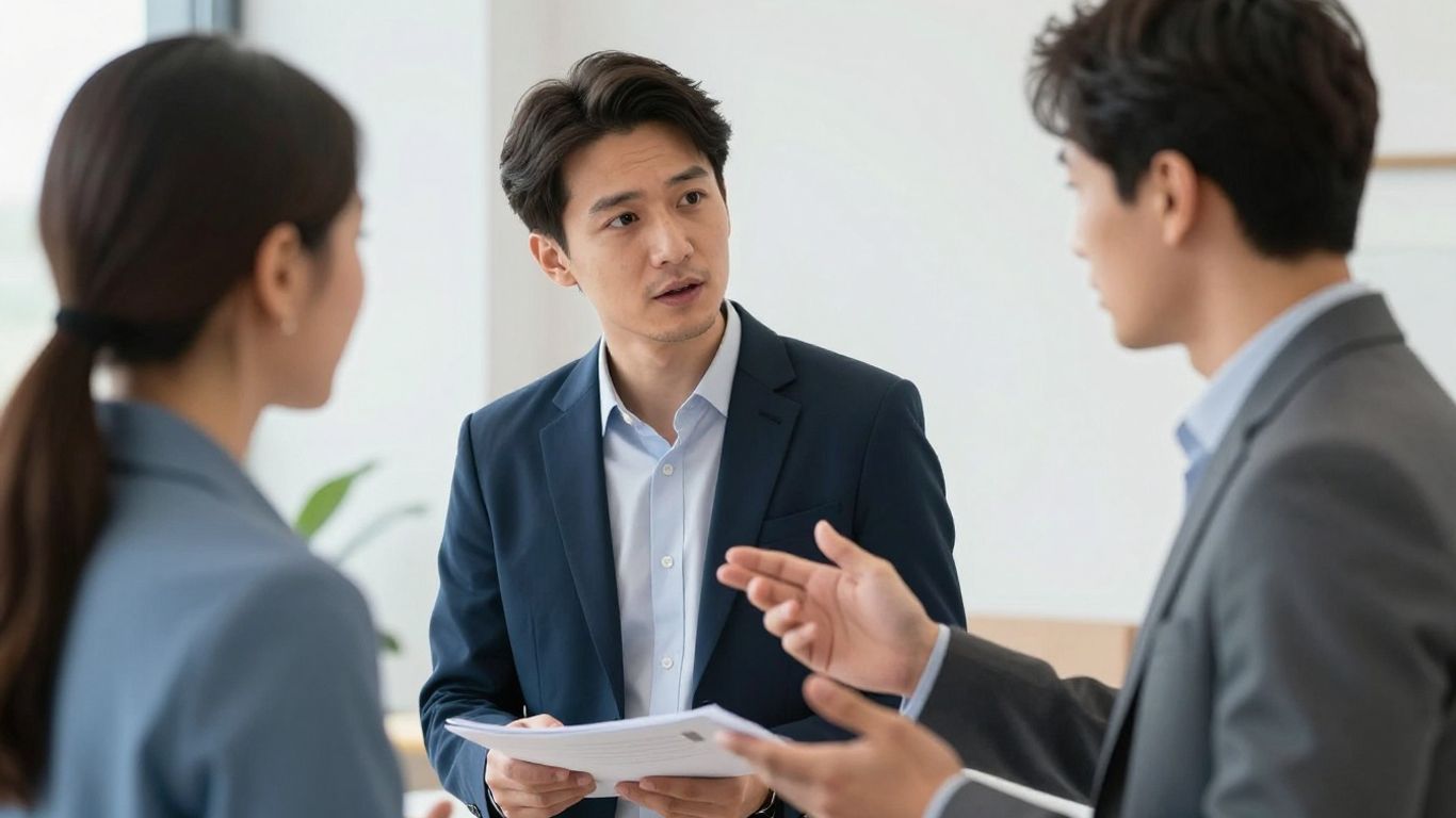 Zwei Personen diskutieren über ein Dokument im Büro.