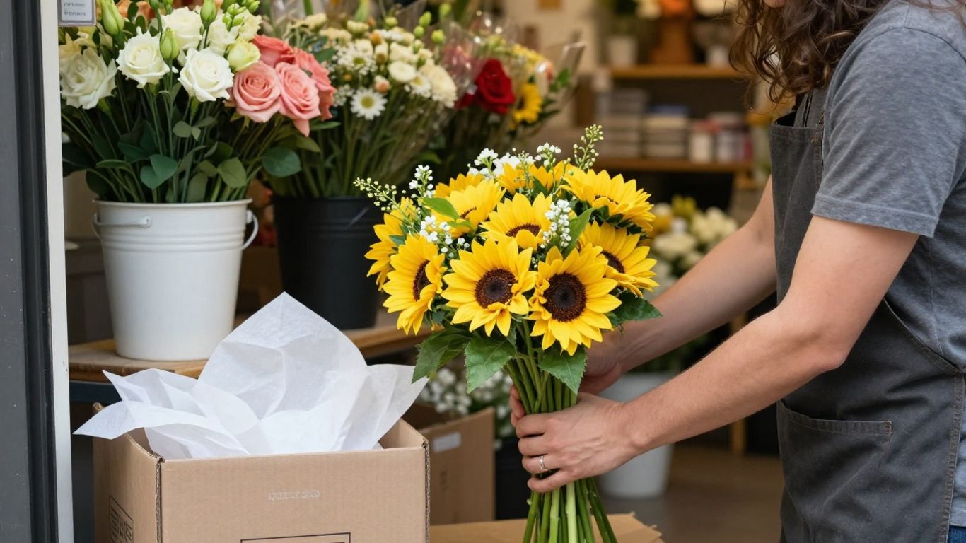 Florist preparing a colourful bouquet for dispatch