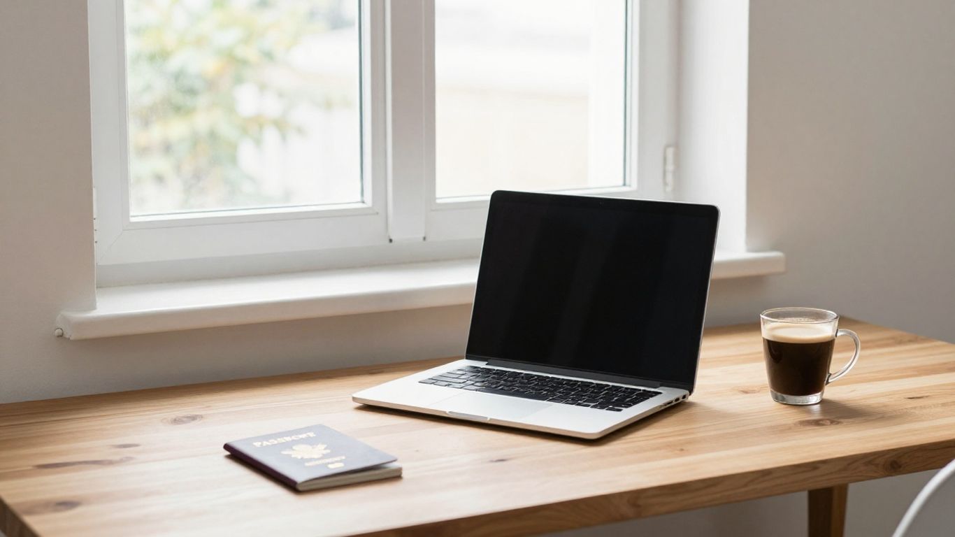 A desk with laptop and passport near window
