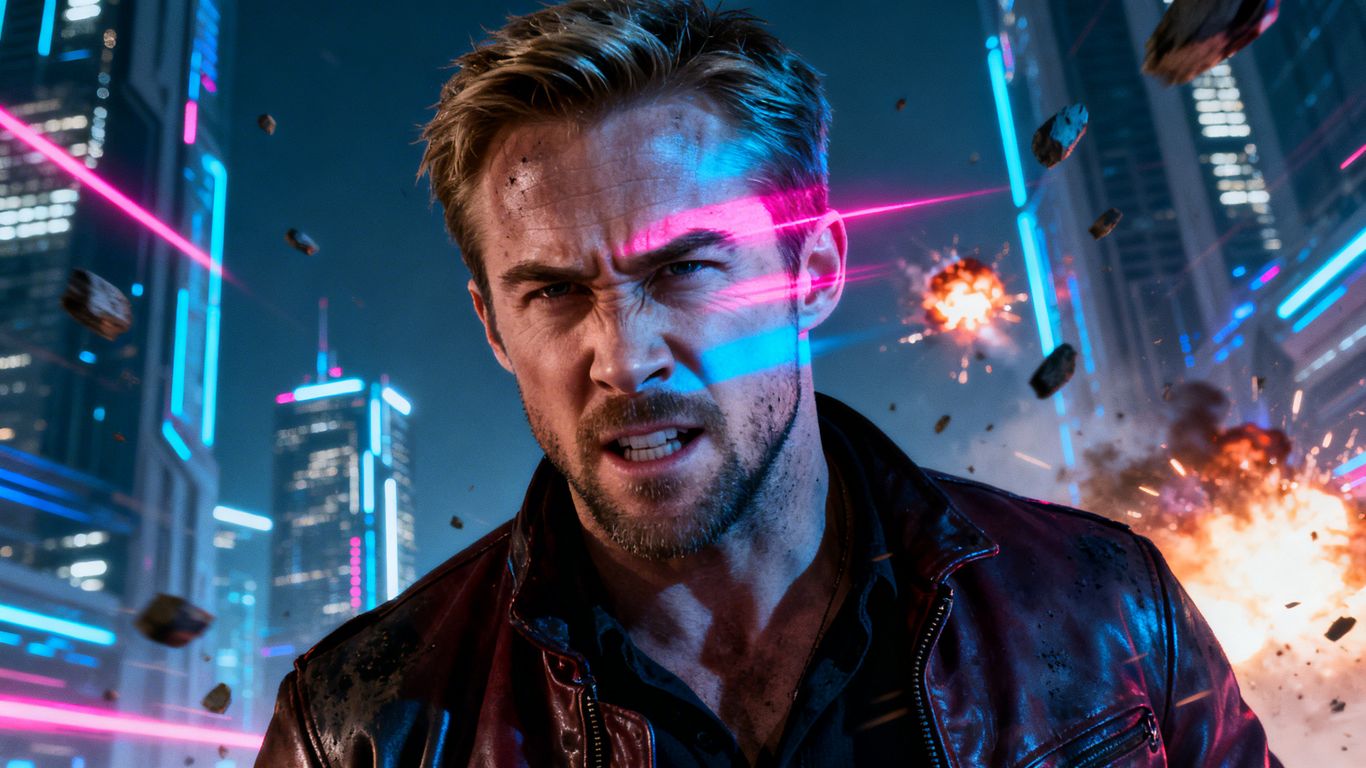 [Ryan Gosling] in futuristic action movie scenes.