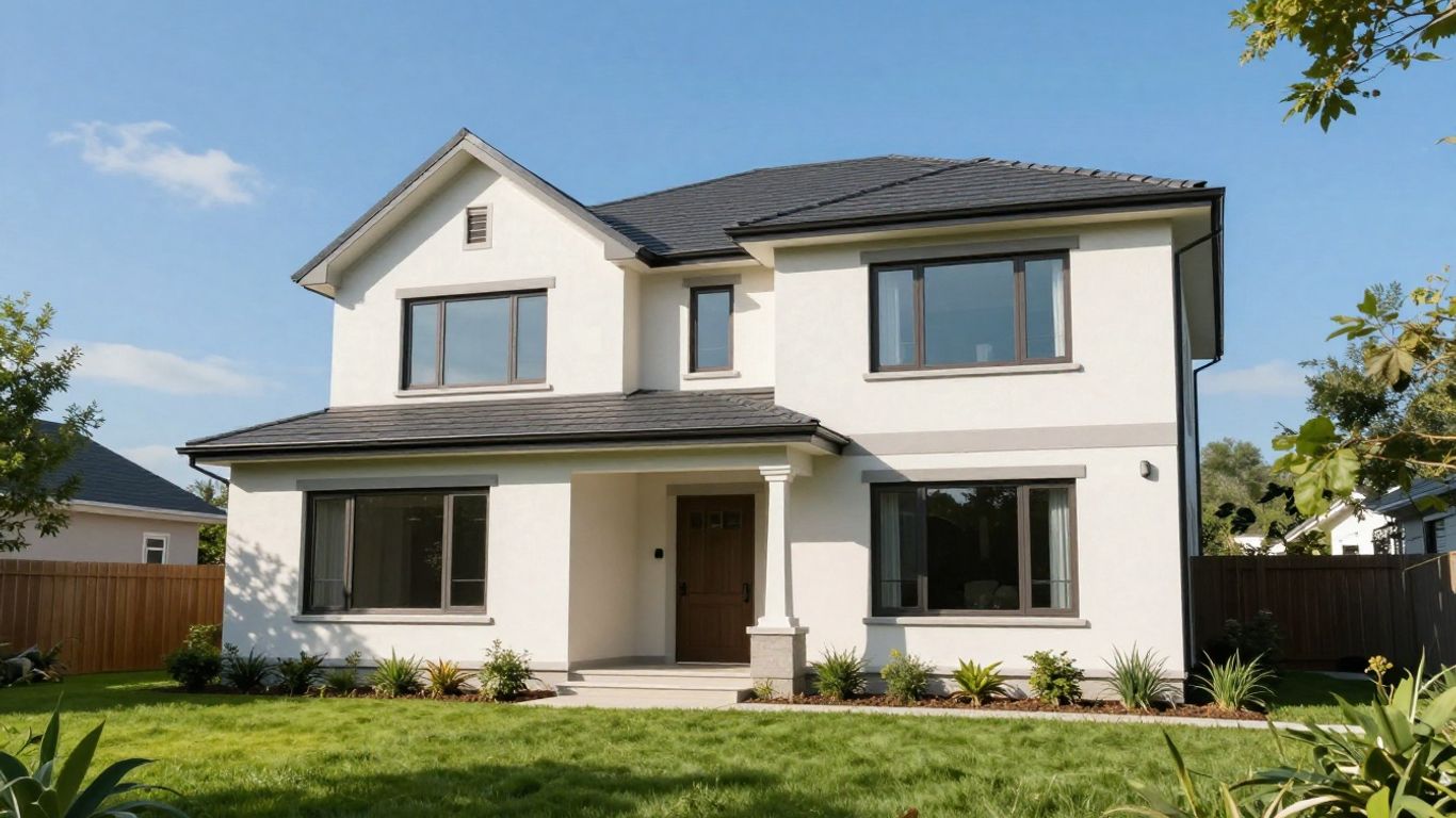 Casa moderna con césped verde y cielo azul.