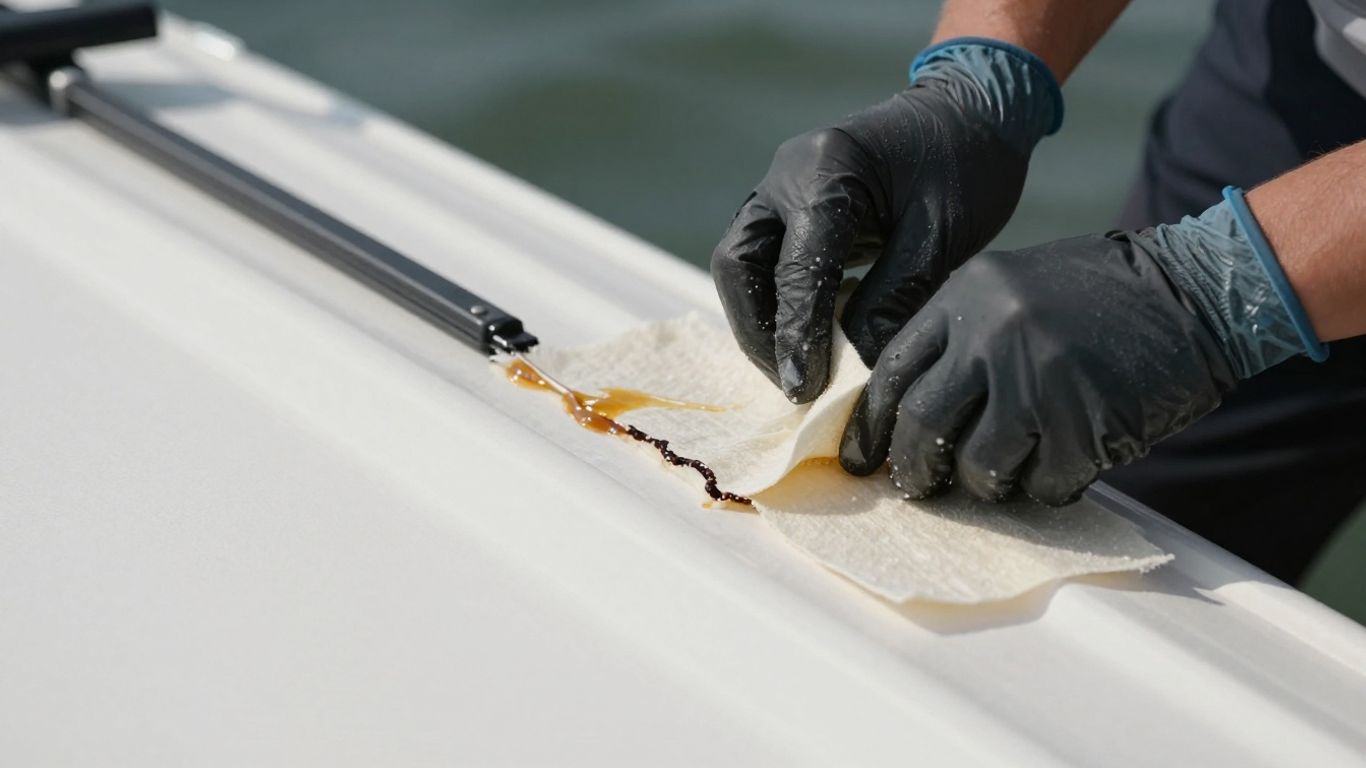 Handen repareren scheur in polyester boot met glasvezel.