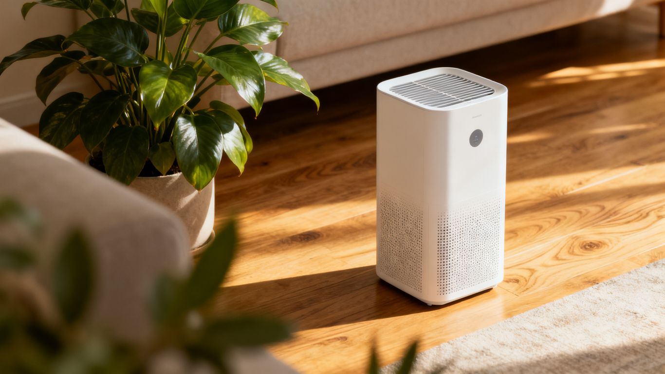 A modern living room featuring a dehumidifier