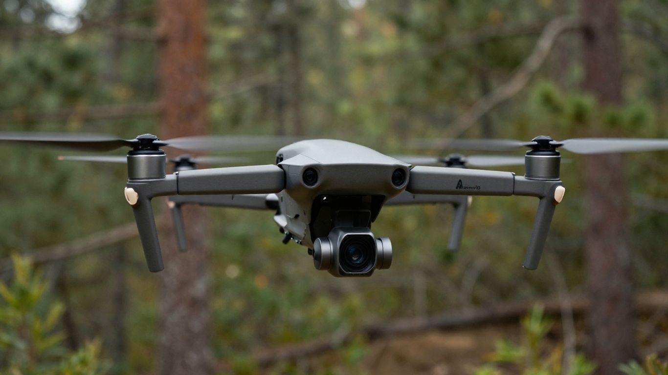 A tactical drone conducting reconnaissance in a wooded area