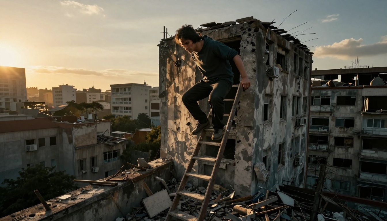 Um sobrevivente parkourista saltando entre edifícios destruídos em um cenário urbano pós-apocalíptico sob a luz do sol poente