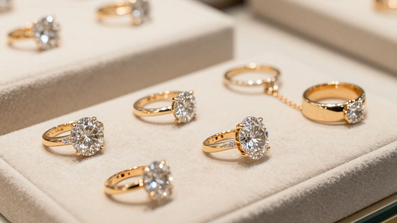 Diamond rings and necklaces arranged in a softly lit showroom