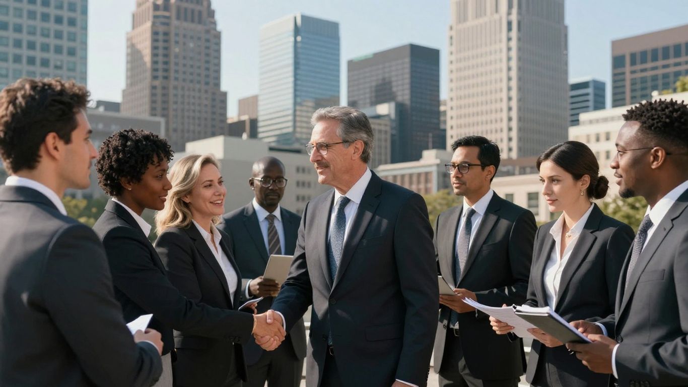 Indianapolis skyline with people discussing mortgages.