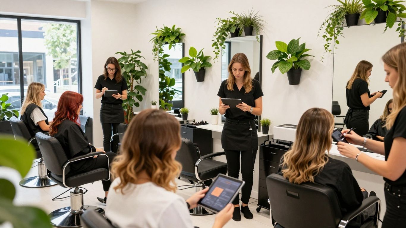 Australian salon stylists using tablets with clients