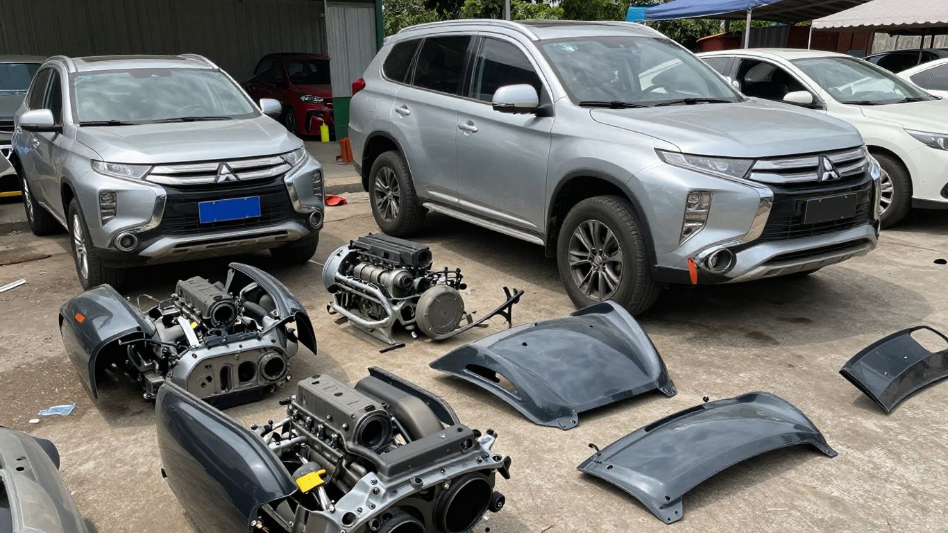 Used Mitsubishi Outlander parts at a wrecking yard.