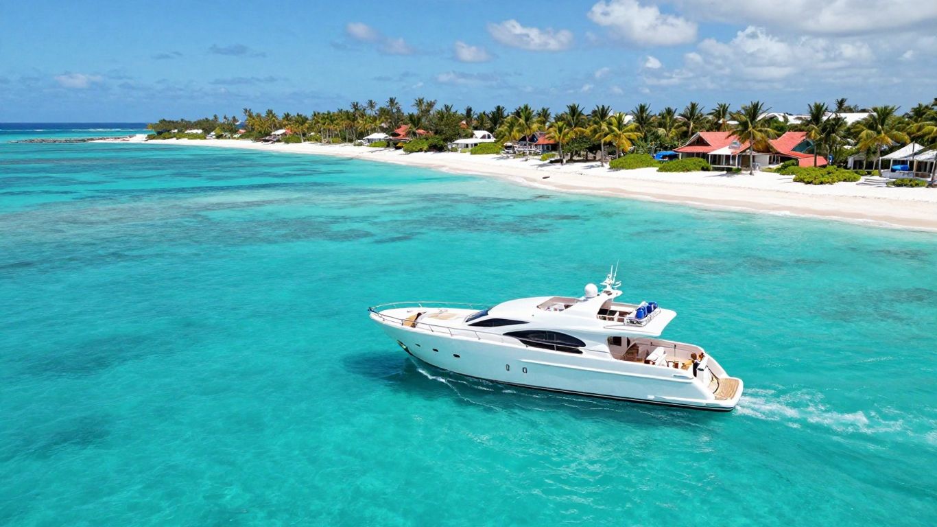 Luxury yacht sailing in clear turquoise Bahamian waters.