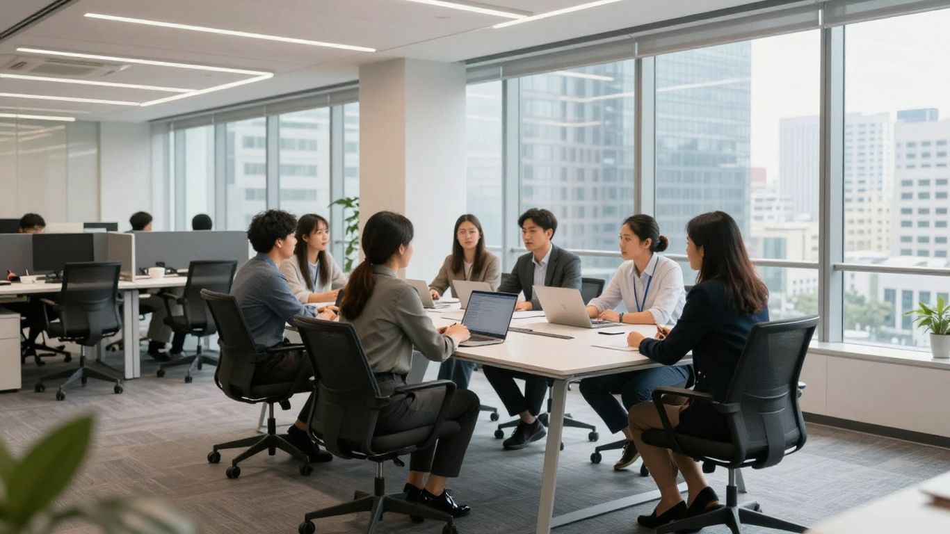 Modern office space with a collaborative team.