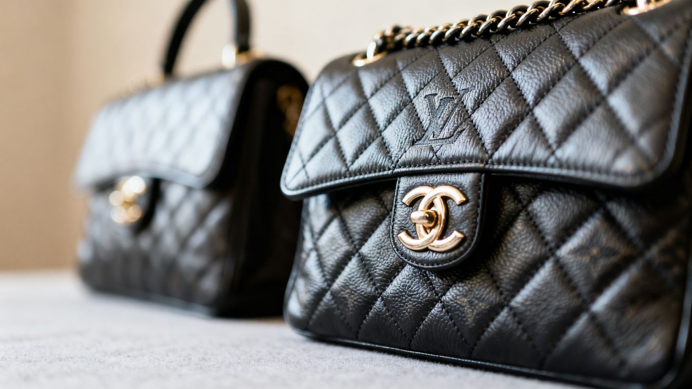 Authentic designer handbag next to a potential fake.