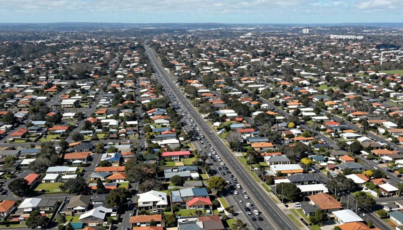 Melbourne suburban traffic jam with cars gridlocked in suburbs.