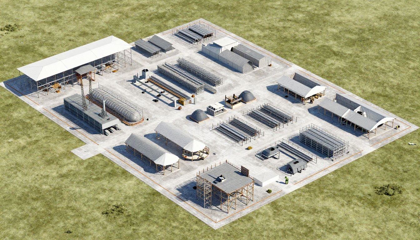 Tela de construção de base mostrando várias estruturas defensivas e de produção organizadas estrategicamente