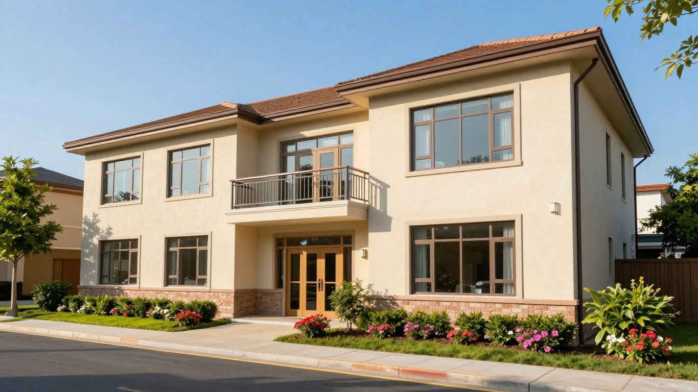 Commercial building exterior in warm weather