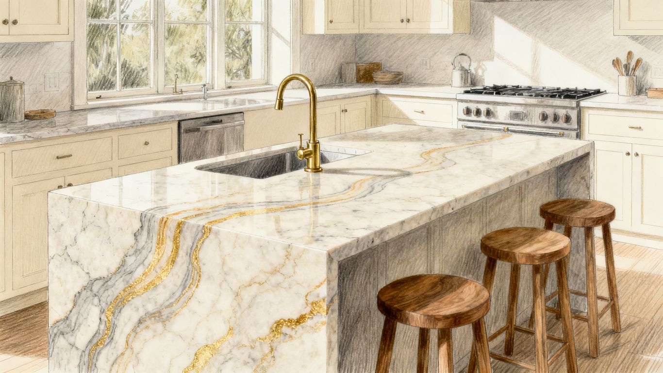 Bright quartz countertop with gold veining