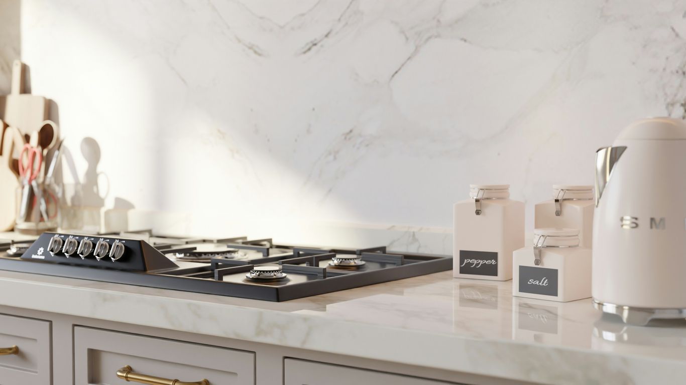 Modern kitchen with a stove and white kettle.