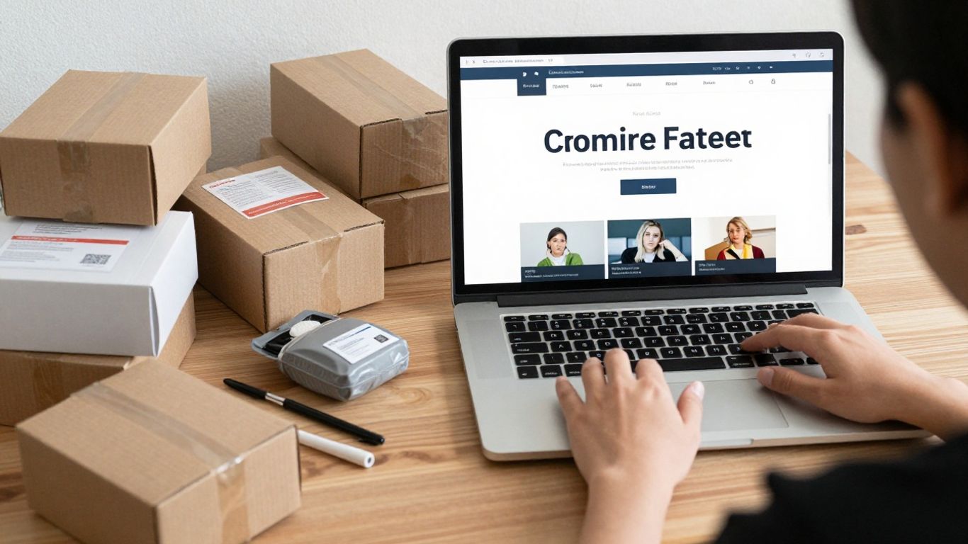 Confused person at a messy desk with e-commerce setup.