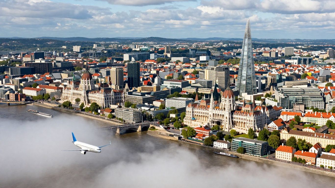 Airplane flies from London to vibrant European cityscape