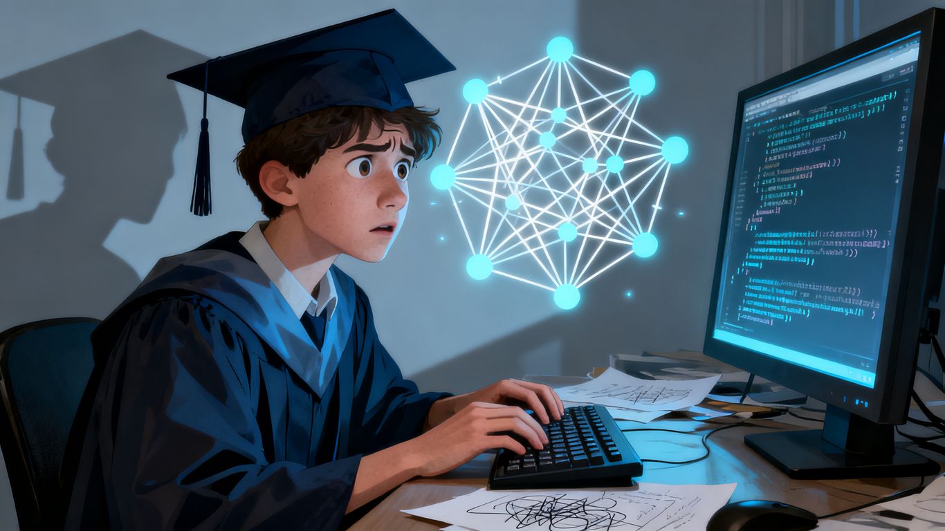 New grad overwhelmed by complex AI code on computer screen.
