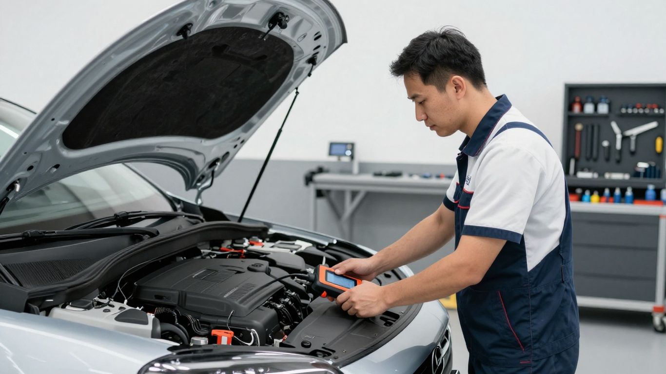 Automotive technician using diagnostic scanner beside vehicle