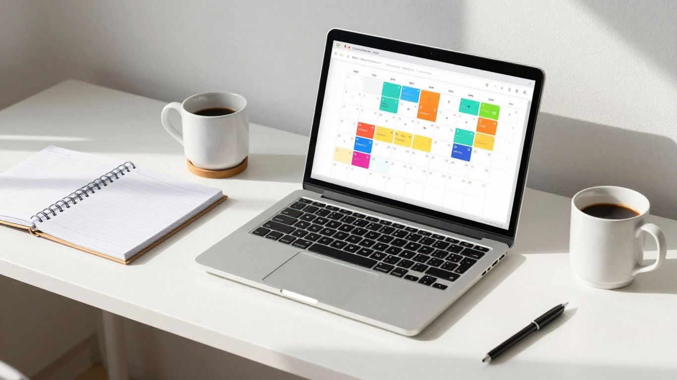 Organized desk with a segmented calendar on a laptop.