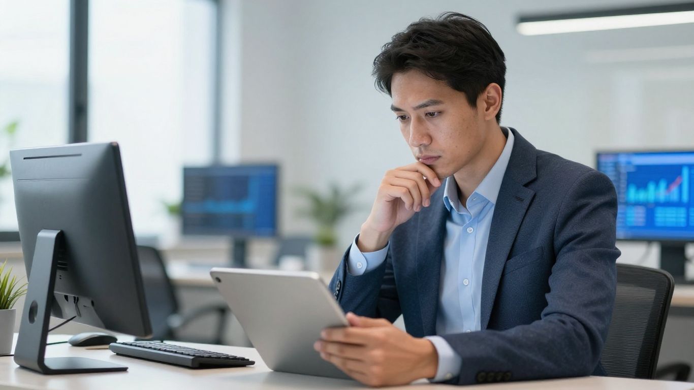 Person im Büro analysiert Finanzdaten auf einem Tablet.