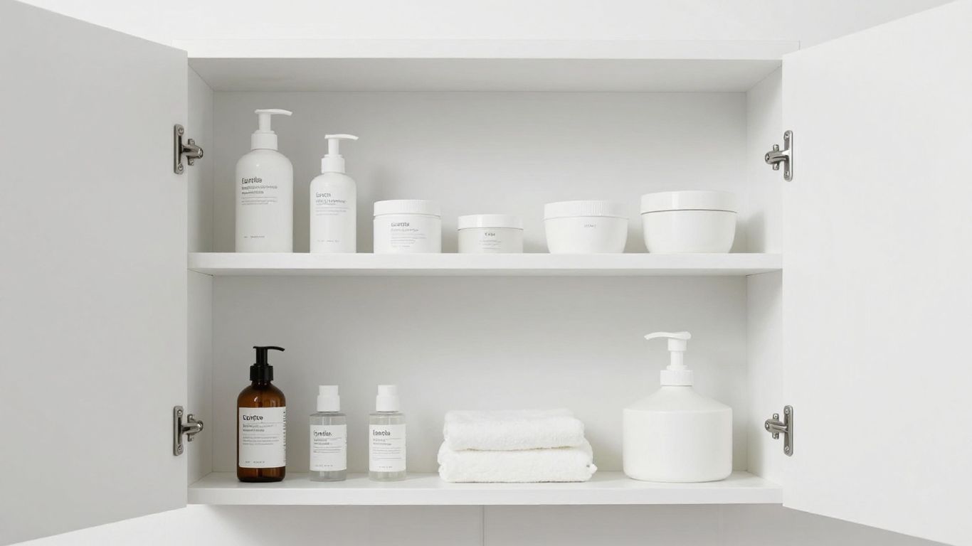 A clean organized bathroom cabinet holding personal health items