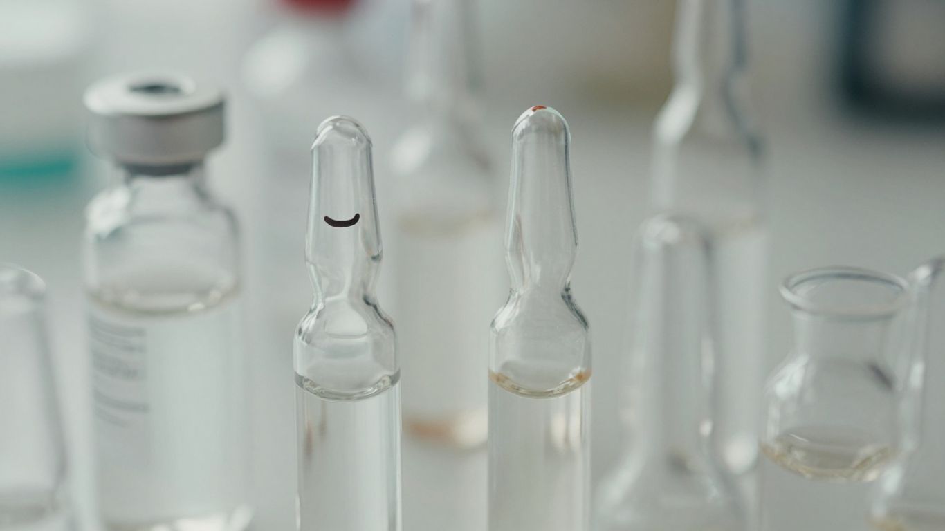 Vários frascos de exames de hormônios em laboratório.