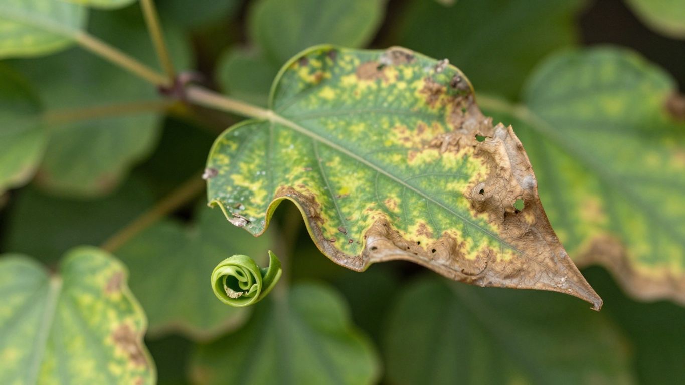 Pflanzenblätter rollen sich ein und zeigen Verfärbungen.