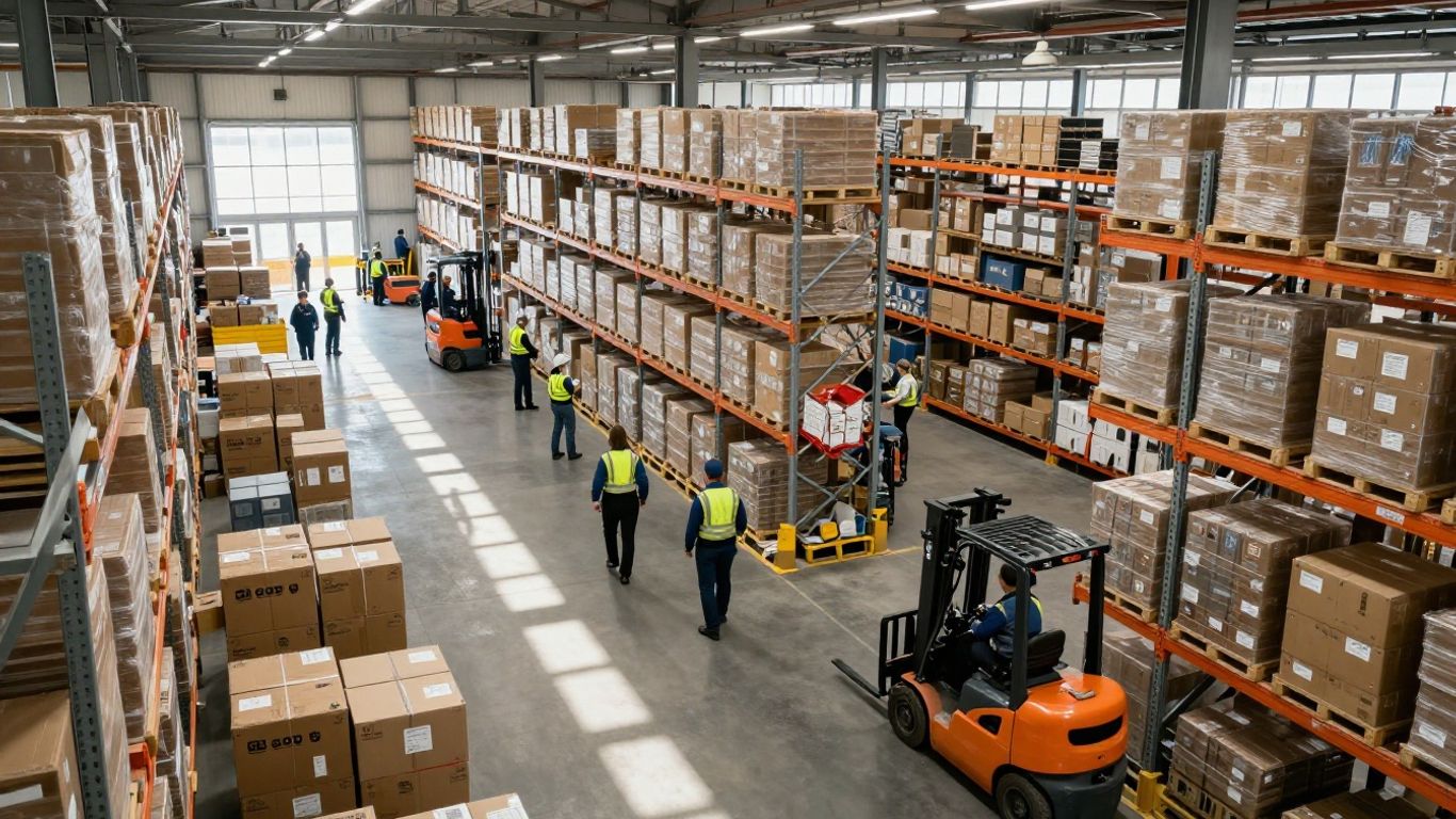 Distribution center operations with teams and forklifts.