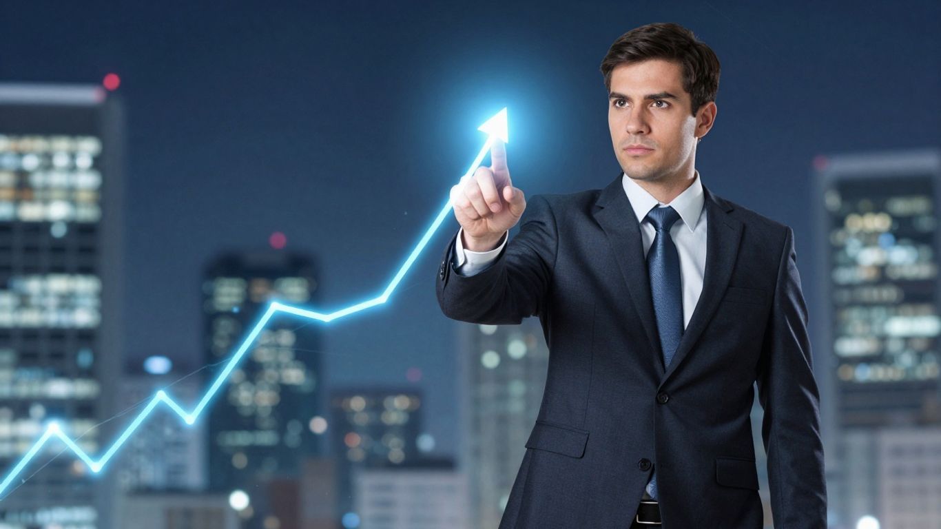 Hombre de negocios señalando flujo financiero ascendente abstracto.