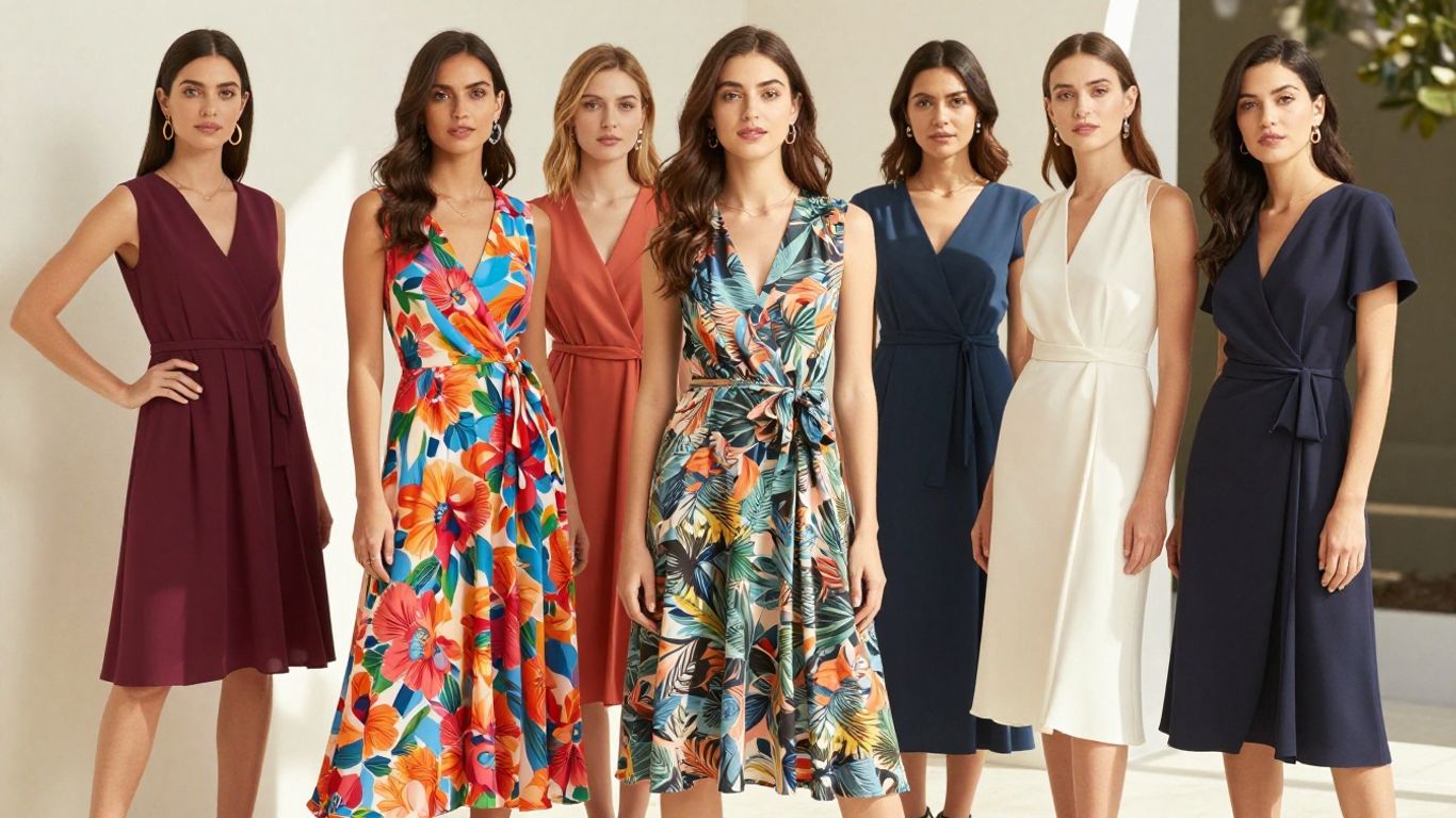 Women in various ASOS dresses for wedding guests.