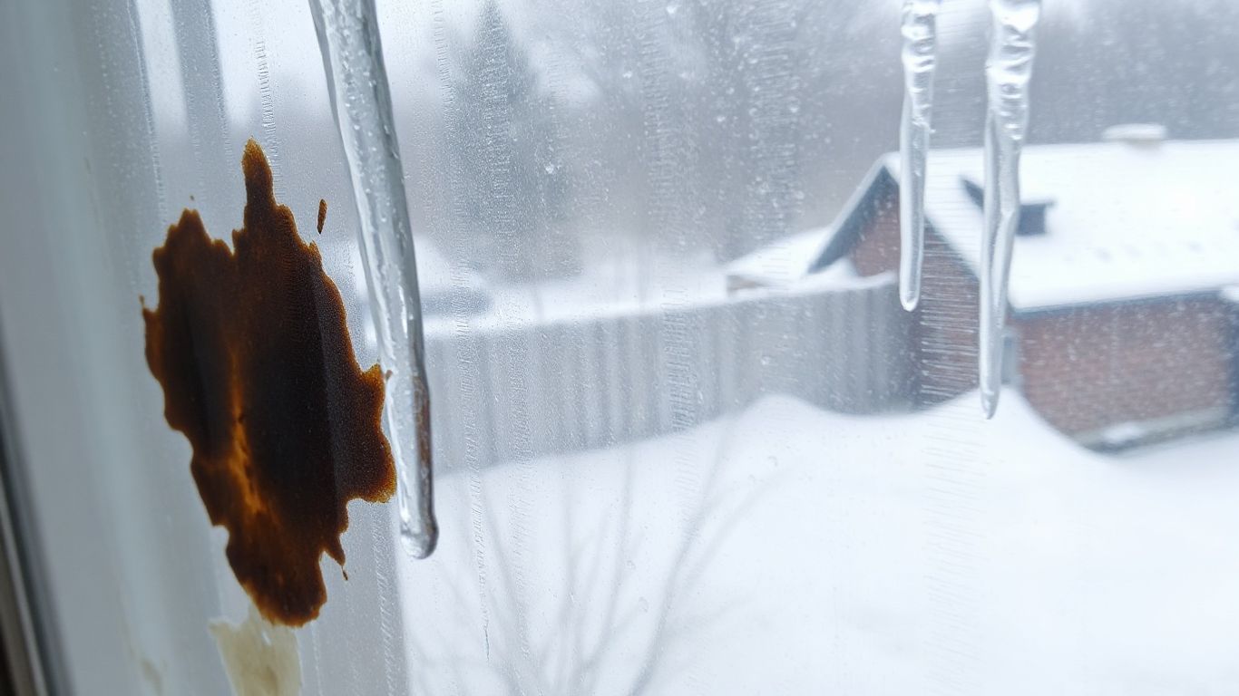 Mold on a frosty window during winter.
