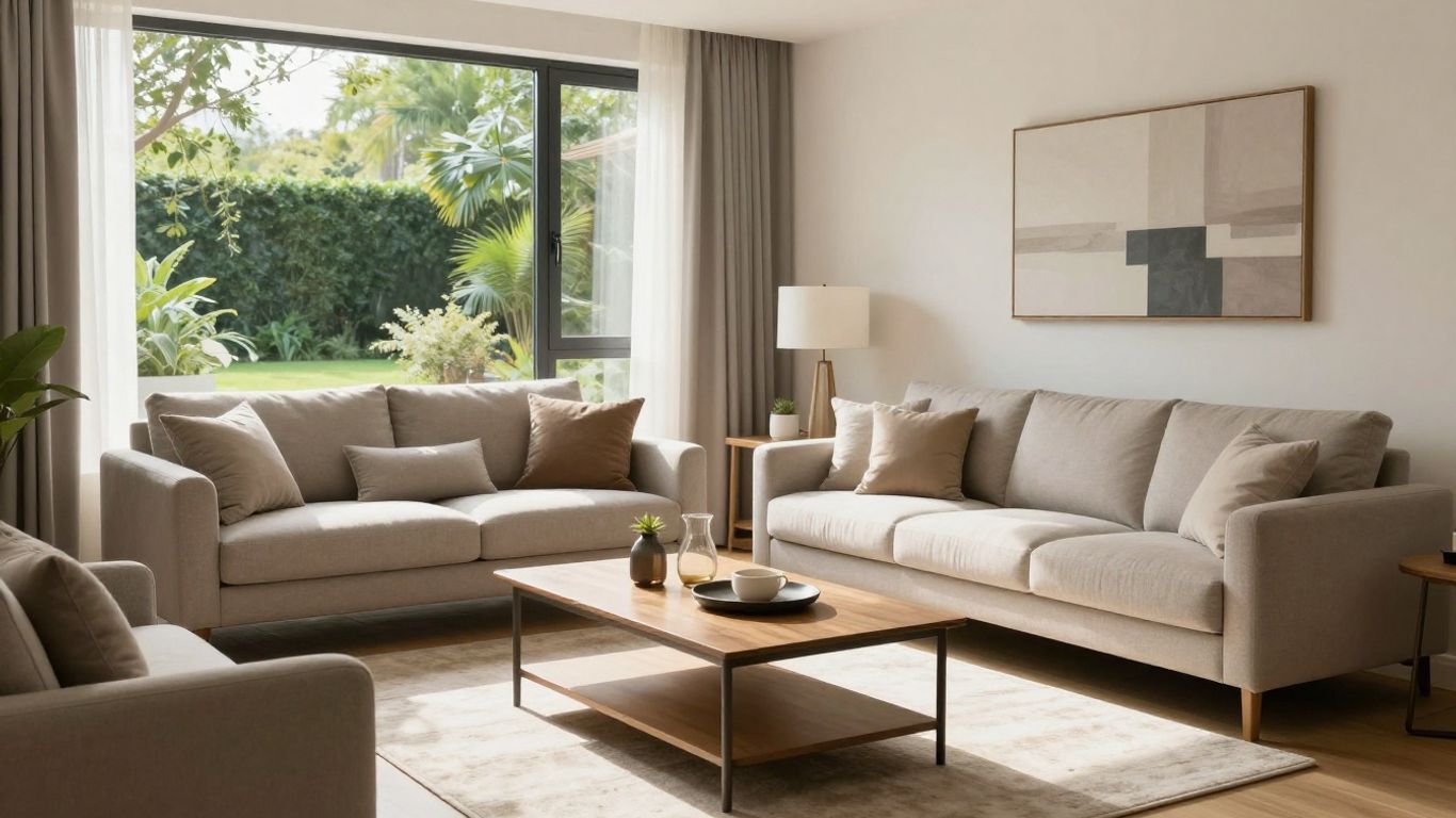 Casa moderna con jardín soleado y sala acogedora.