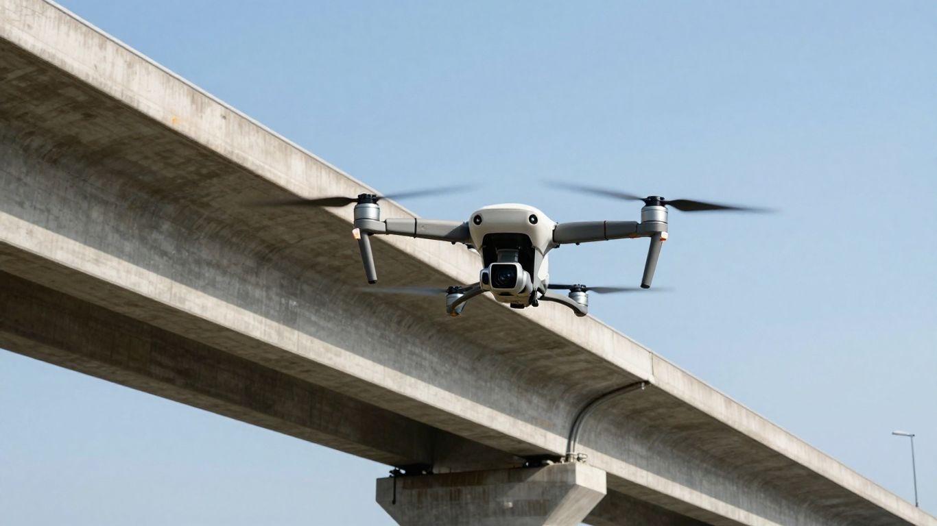 Drone inspecting a concrete bridge from below.