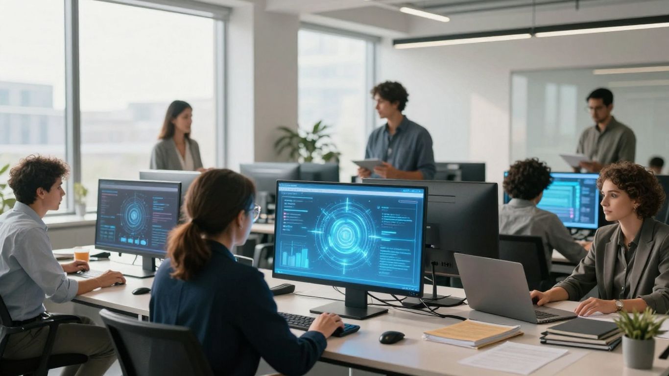 Small business owners using AI for admin efficiency.