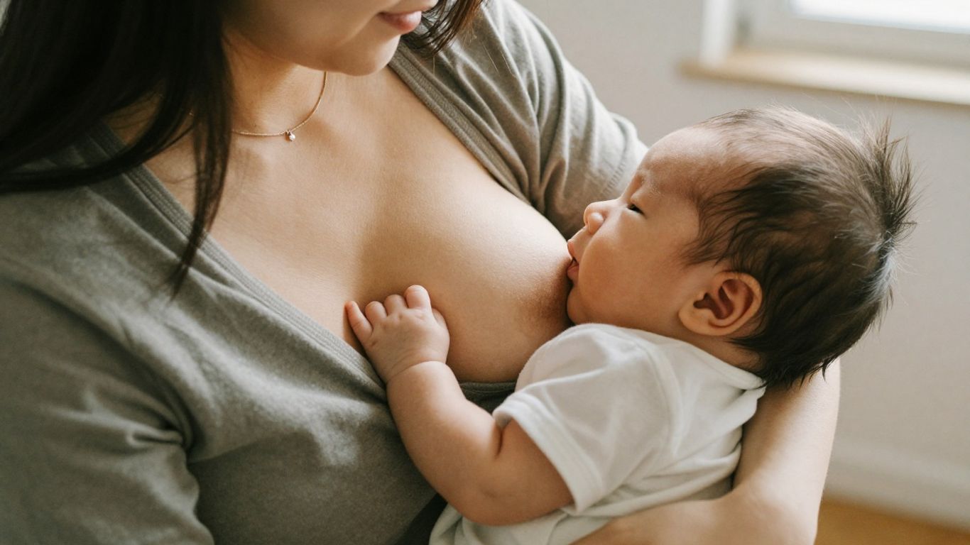 Bebé amamantando saludablemente en brazos de madre