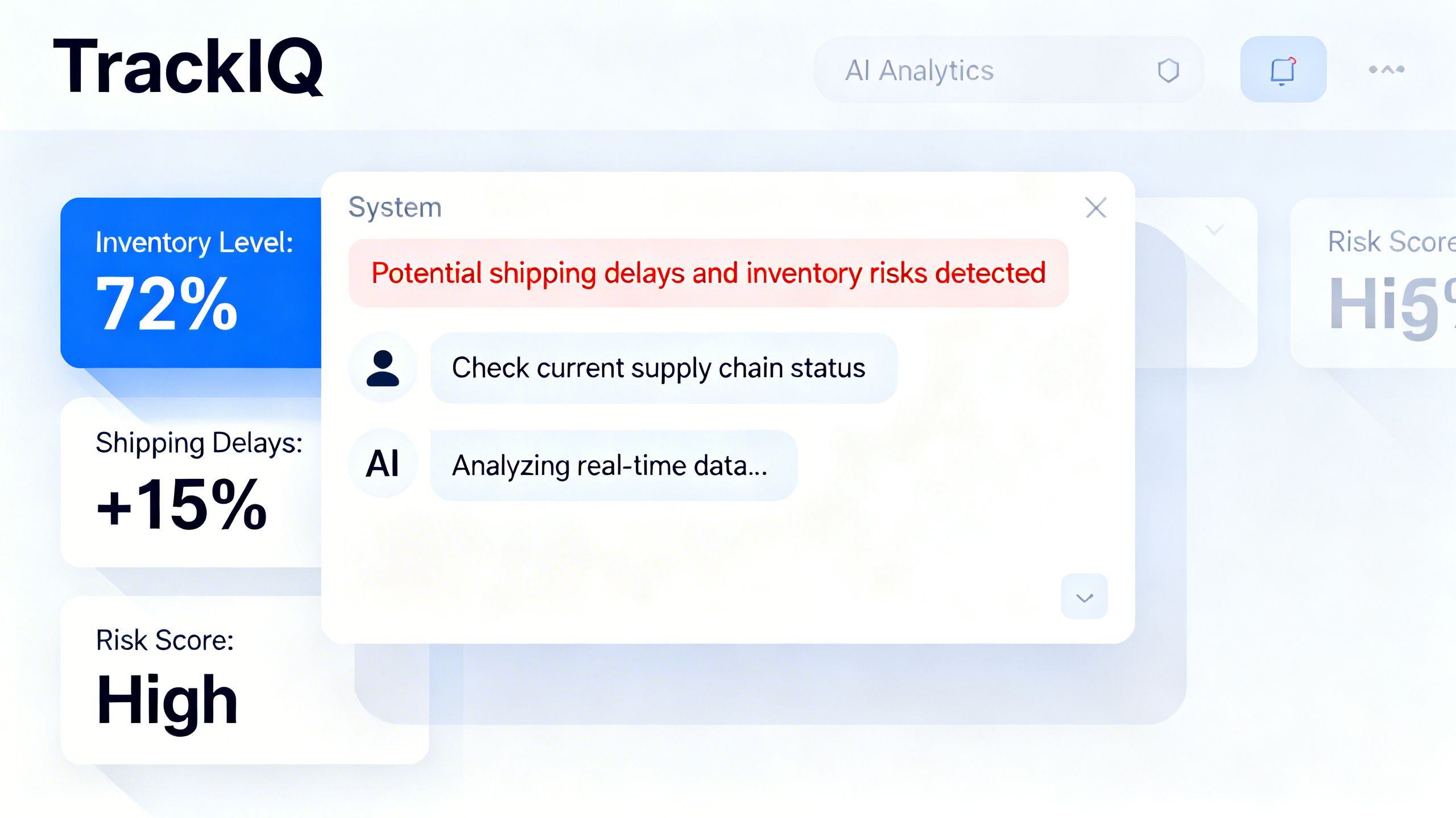 A clean, modern dashboard interface of an AI analytics tool like TrackIQ, showing a conversational chat window with an alert about potential shipping delays and inventory risks.